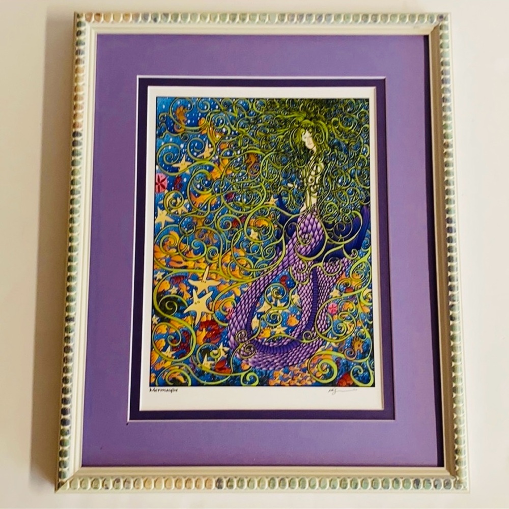 Vintage Signed Amazing Mermaid Print.Has beautiful wood frame.No Glass.